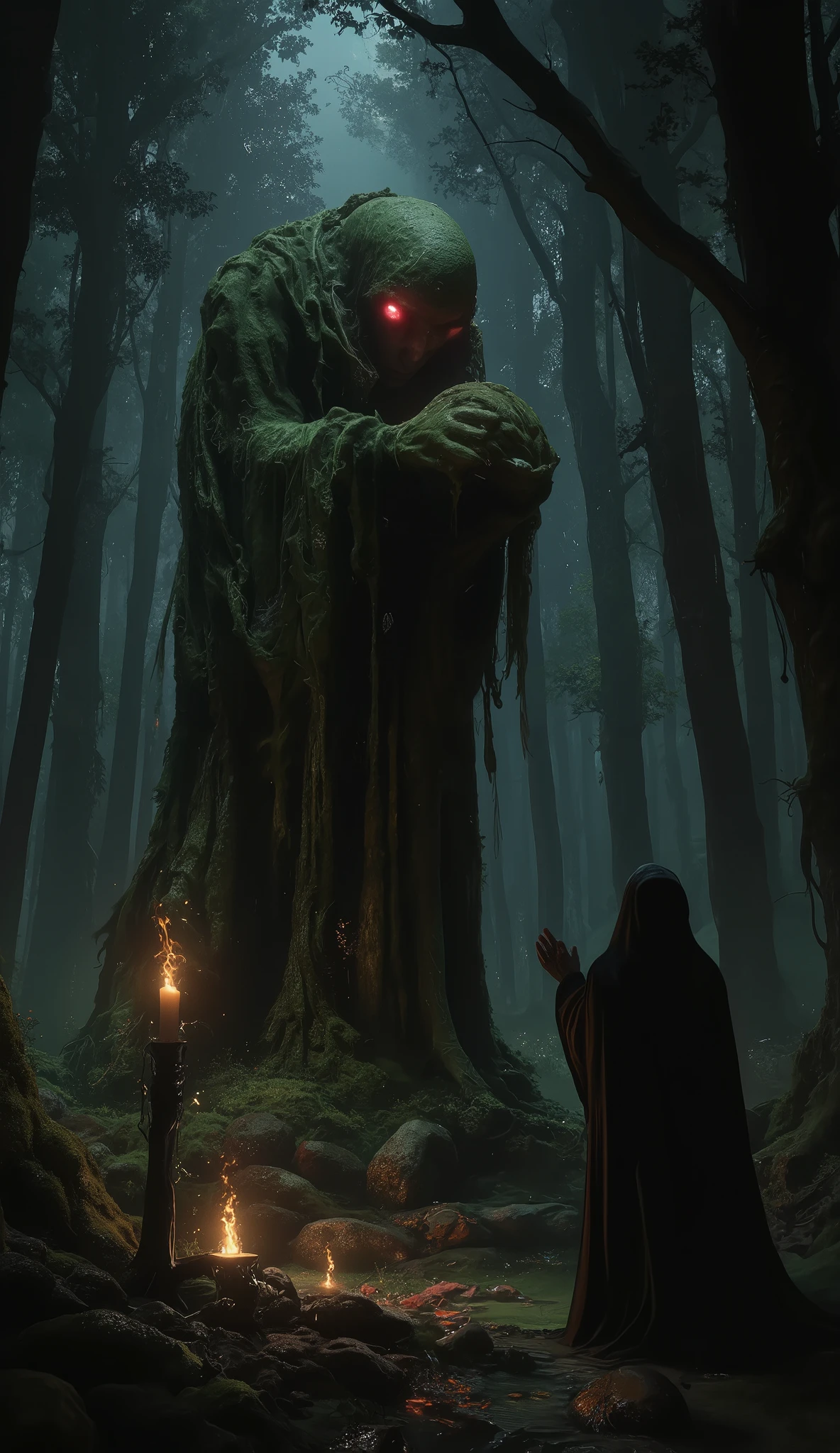 (8k,  top quality,   Masterpiece  ,  Final Fantasy Style: 1.2), ( realistic , photo realistic : 1.37),  super detailed, A cursed headless statue deep in the forest, the fallen head resting in its hands, its eyes emitting a frightening red light, the entire statue covered in moss and large trees, the statue being the only light shining on it in the dim forest, a terrifying aura emanating from the statue, suspicious offerings being made, a flame being lit in a suspicious candlestick, the silhouette of a mysterious witch in a black robe from behind with her hands raised to the sky in prayer