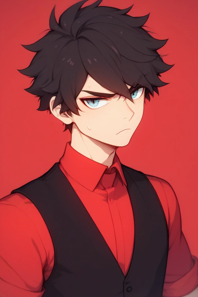 Short haired boy,  wavy black hair with red tips , Ojos rojos, Ojos rojos, Ojos rojos, wearing a long red shirt with a black tie,  and wearing a black vest over ,  black gloves, Facing the spectator,  arms at the sides, looking with concern, sweating a little, Serious,  looking at the spectator ,  Red background . 