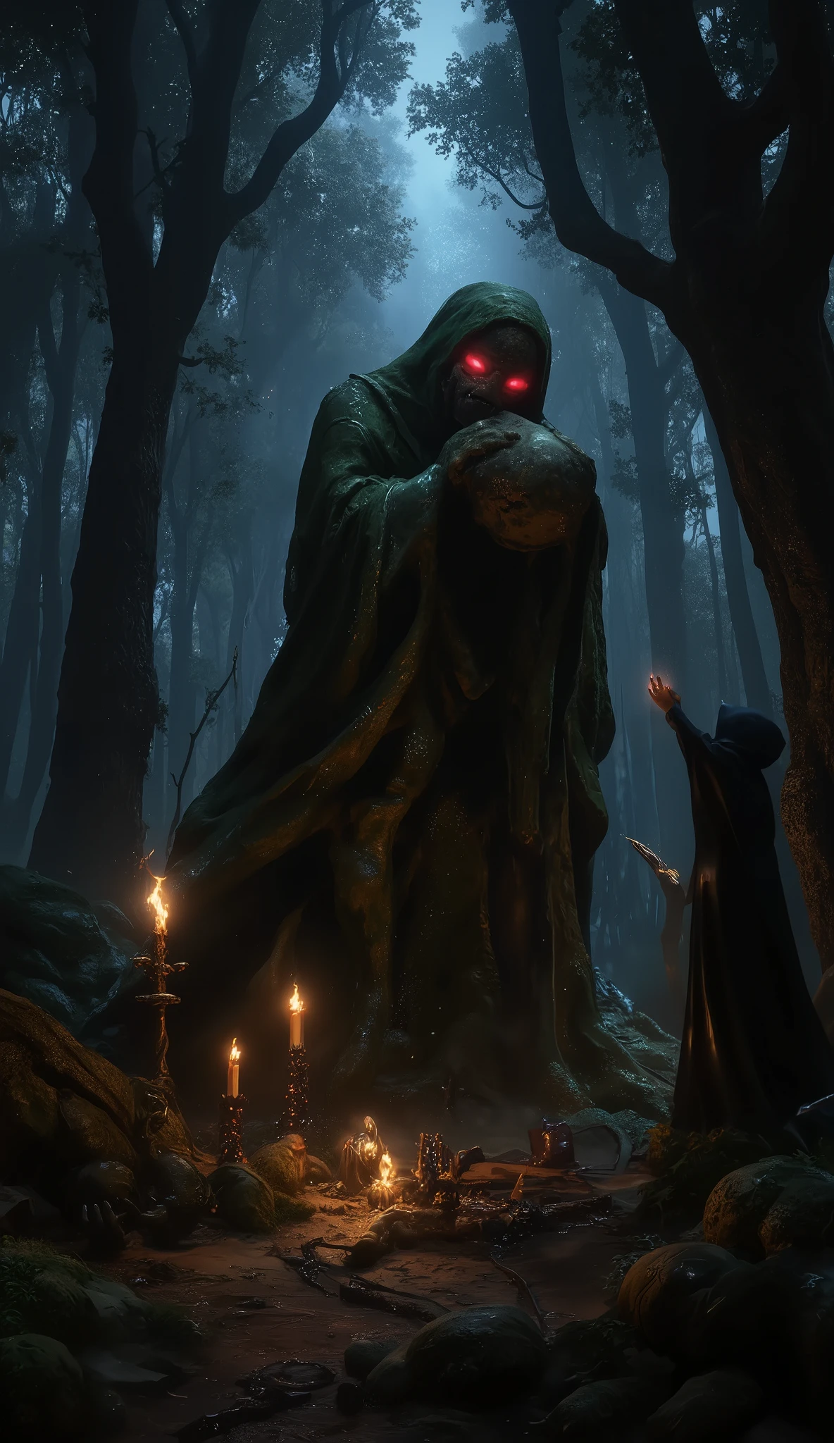 (8k,  top quality,   Masterpiece  ,  Final Fantasy Style: 1.2), ( realistic , photo realistic : 1.37),  super detailed, A cursed headless statue deep in the forest, the fallen head resting in its hands, its eyes emitting a frightening red light, the entire statue covered in moss and large trees, the statue being the only light shining on it in the dim forest, a terrifying aura emanating from the statue, suspicious offerings being made, a flame being lit in a suspicious candlestick, the silhouette of a mysterious witch in a black robe from behind with her hands raised to the sky in prayer