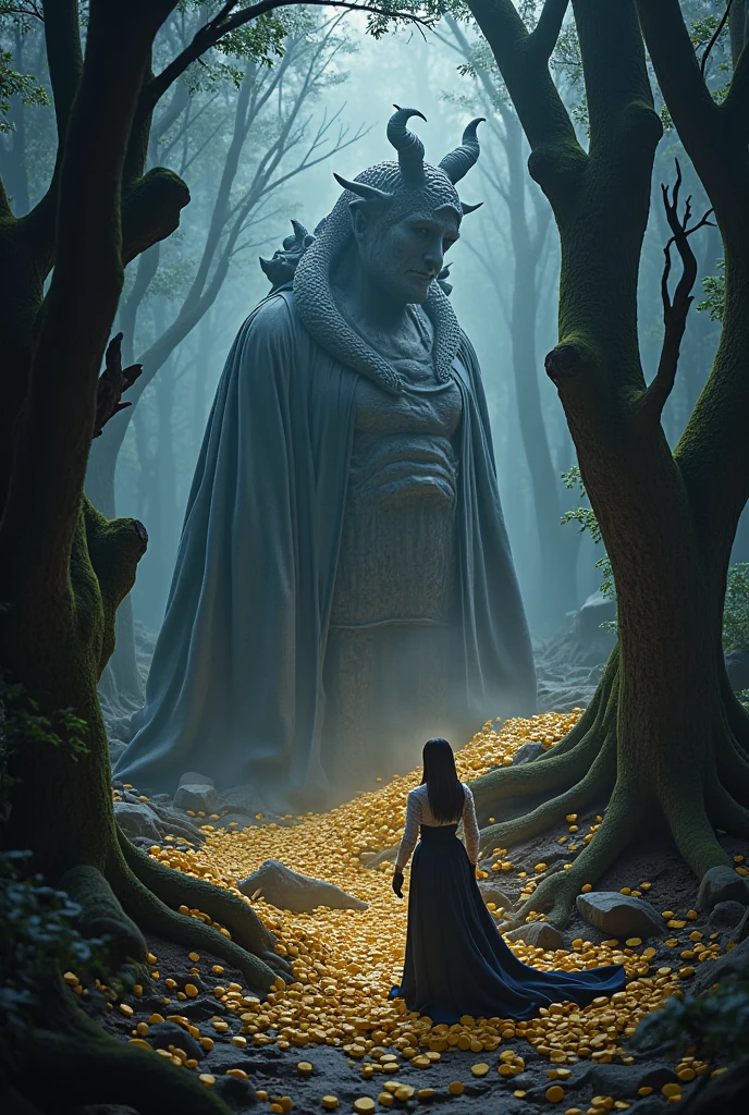 (masterpiece, best quality:1.2), this is dark forest with many large tree, woman is collecting the gold coins deep dark forest, snake shape Statue behind her, forest is dark and dim, Statue in the Deep dark Forest, statue is covered by black smoke, Statue is  withing the giant brick wall, Statue sit on tons of gold coins, statue is dark evil snake shape with horn