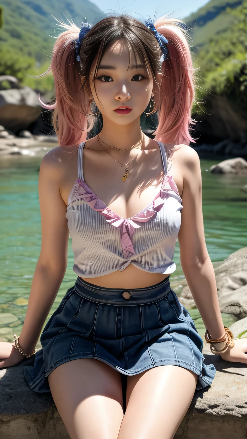 (Masterpiece, BestQuality:1.3), (ultra detailed:1.2), (hyperrealistic:1.3), (RAW photo:1.2), High detail RAW color photo, professional photograph, (Photorealistic:1.4), (realistic:1.4), (Pink Hair:1.5), professional lighting, perfect anatomy, (Big Breasts:1.2), (blush, detailed face), (cheerful Smile:1.5), Trending Hair&Trending Hairカラーをランダムに, earrings, necklace, bracelet, sexly, erotic sexly, Random sexy gravure poses, (Beautiful woman wearing a light green crop top and denim shorts、Happy faces at the campsite、Wooden Bracelet、Sitting pose in front of a tent。:1.3)