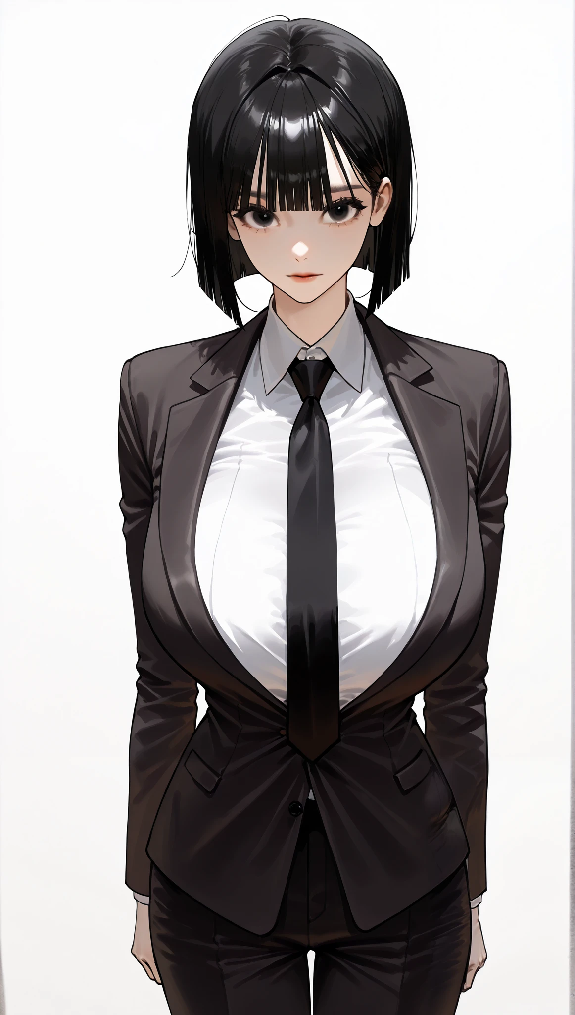(걸작, 고해상도, 2k 해상도, 매우 상세한), 정면, (1여자, 완벽한 얼굴), (black bob cut), (black eyes),monolid, (black dress suit, white dress shirt, black pants, tie), front view, korean beautiful girl, pretty, beautiful, white background, looking at viewer, adult, mature, (((front shot))), humongous breasts