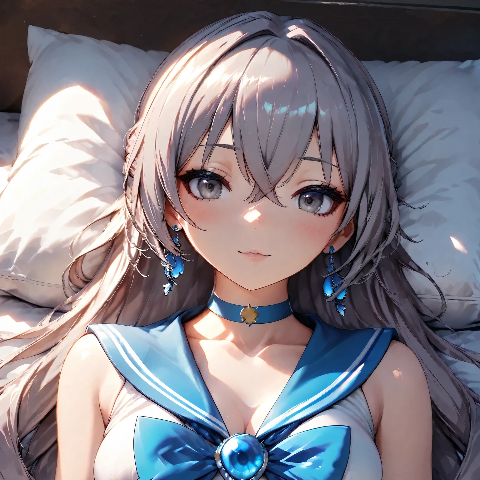 Masterpiece, high resolution, Best Quality, Detail, UHD, Super Detailed, Textured Skin, retina, 3d rendering, 4k, delicate, dynamic, bronya, sailor mercury cosplay, lying on bed, head on pillow, cute, lovely, adorable, aroused, 