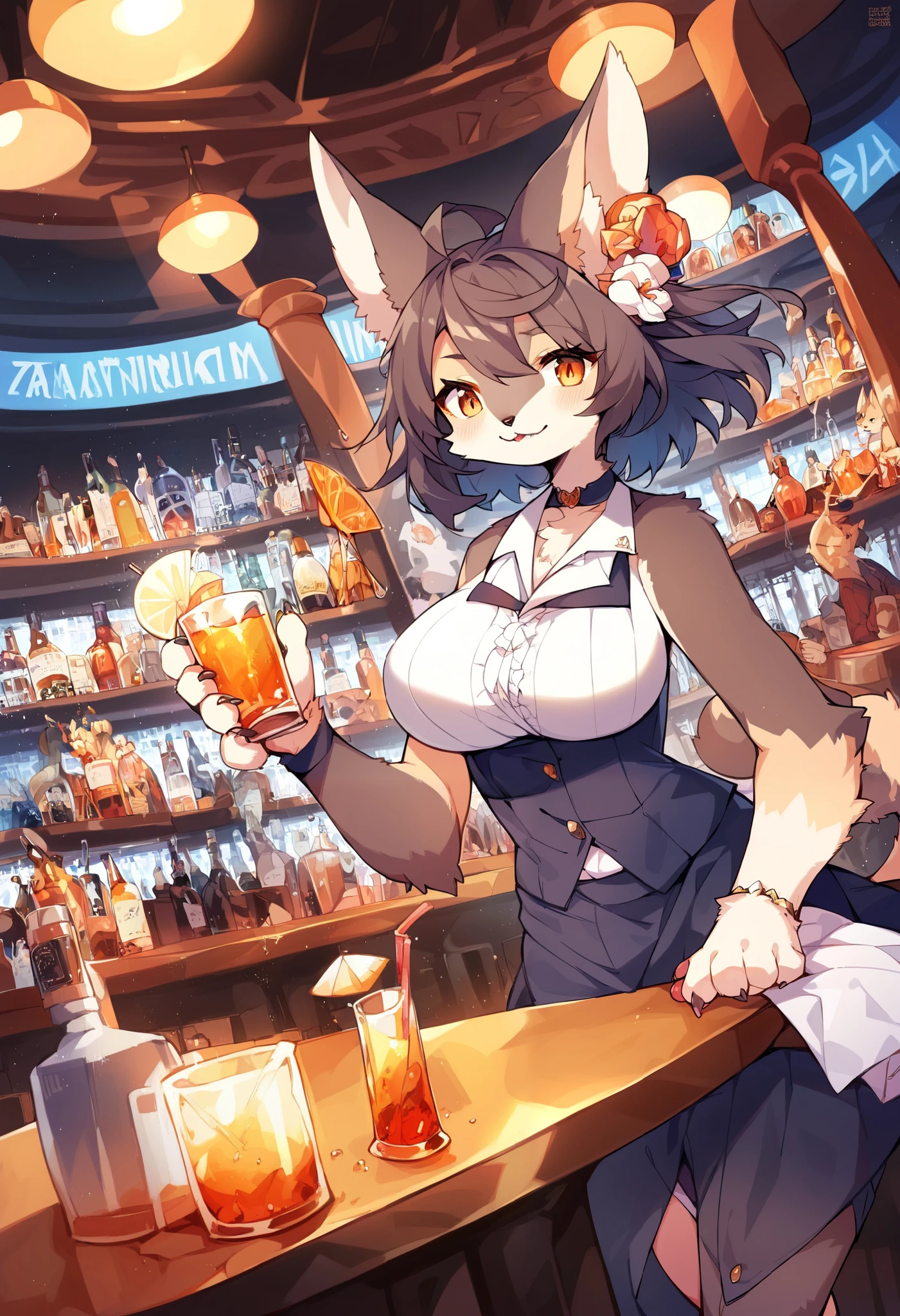 (Best Quality, masutepiece), depth of fields, Blurry background, cowboys_shot, thick thighs, Standing, Solo, 1girl in, long orange hair, (Ahoge:0.9), Glasses, Blunt bangs, Purple eyes, (full-face blush), ((Playboy Bunny, pantyhose, Bunny ears, highleg, highleg leotard, Black Leotard, Leotard)), a bar counter, nightclubs, Night,bbw、thick thight、big butts、Ultramammy