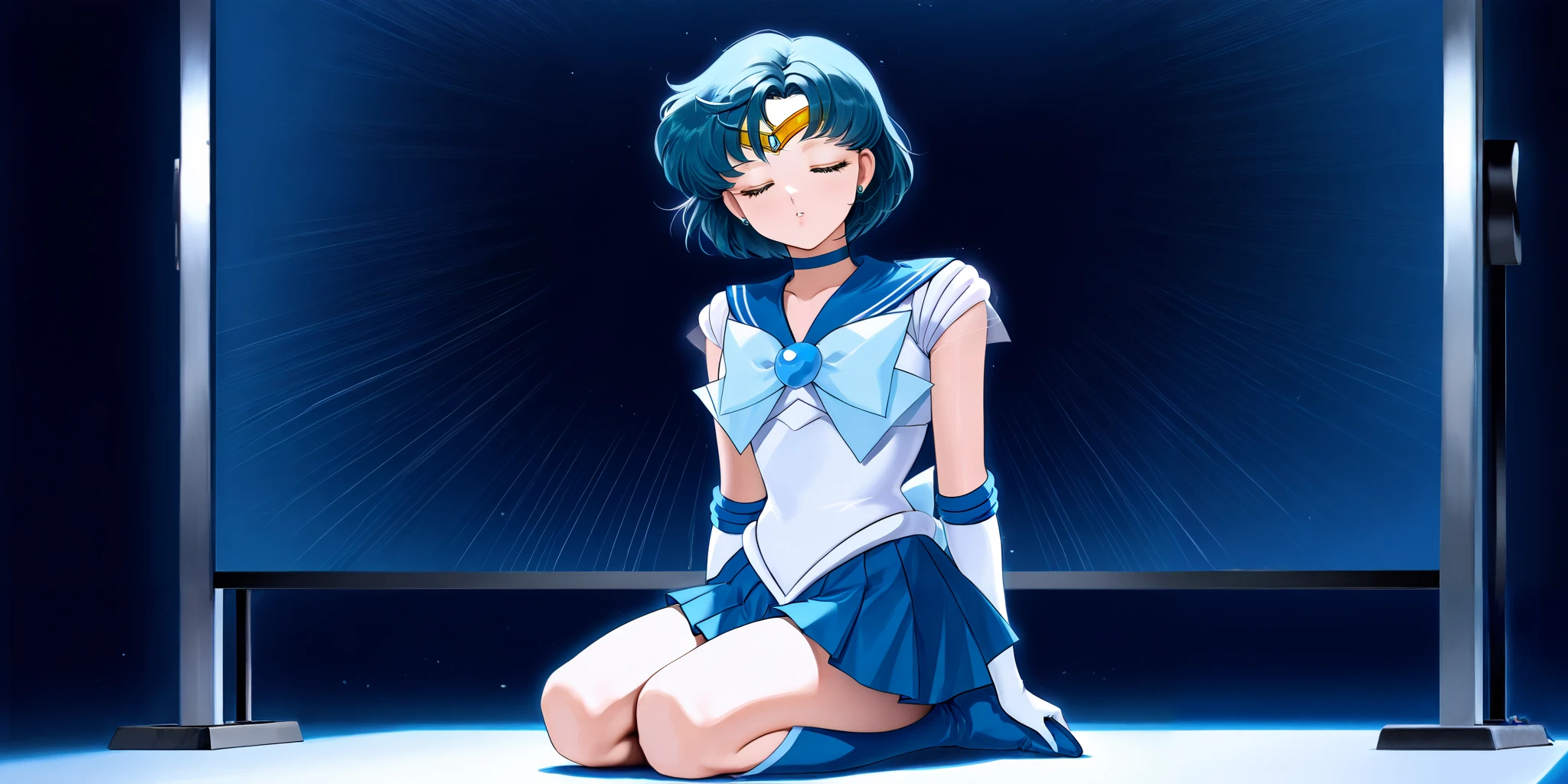 Masterpiece, best quality ,16k、whole body、One person、My head is hanging down 、 sleeping deeply、Deep asleep、 is opening your mouth、 has her eyes closed、 is sleeping,dark mirrored room,asleep,seiza,Dozing off、 sailor mercury、 from the side 1 girl , sailor mercury, Blue Hair, short hair , blue eyes, tiara , bow, choker , elbow gloves, Pleated skirt, sailor color , sailor warrior uniform, blue boots