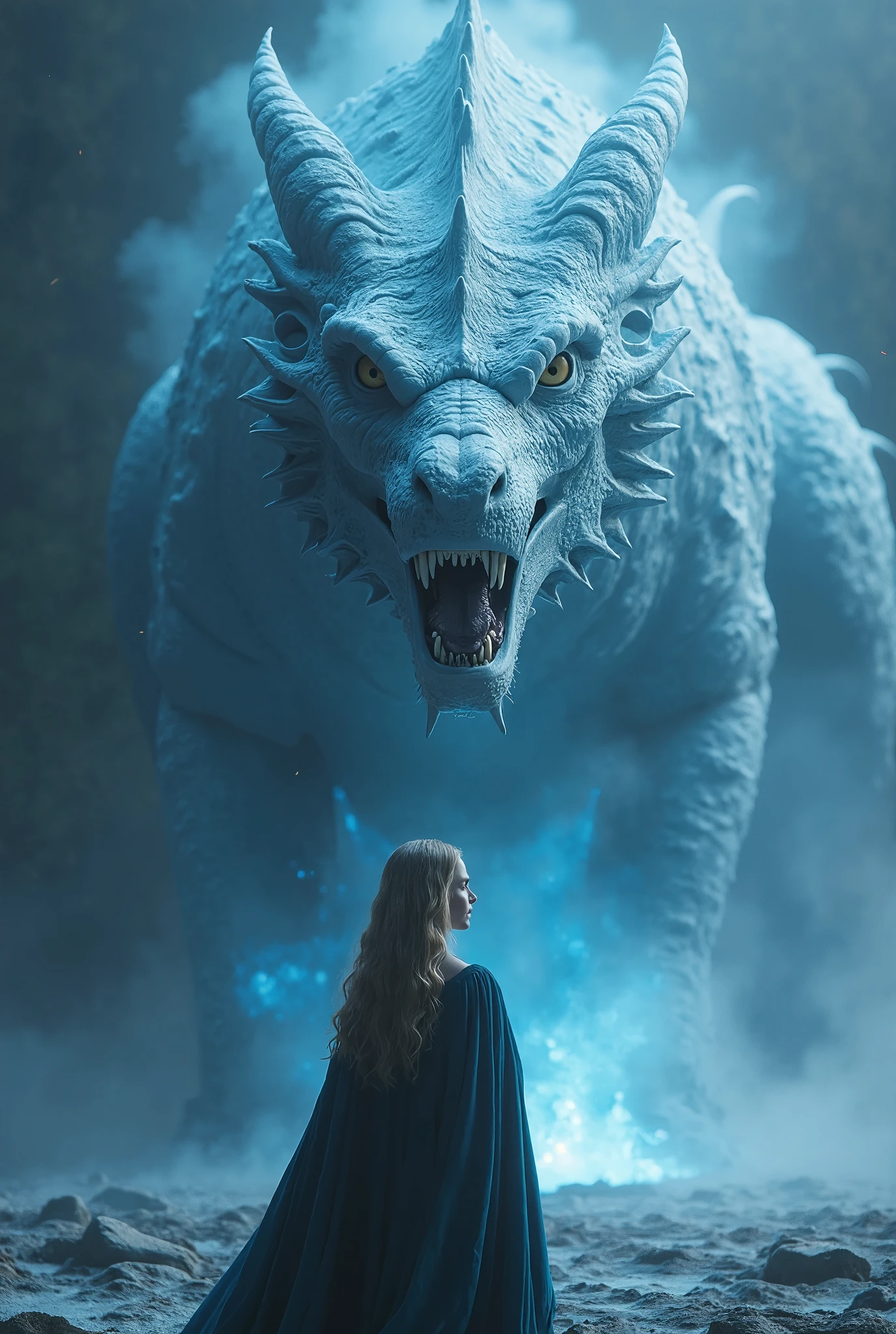 a gigantic ghostly dragon breathing icy fire, a beautiful woman in the style of Game of Thrones, shoulders looking at the camera, fantasy, dark, dramatic lighting, highly detailed, cinematic, 8k, photorealistic