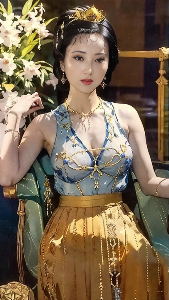  masterpiece,  best quality,  1 girl, ( Big Breasts )，(transparent blue silk)，(Jewelry)， ( gold)，( symmetrical design )， watching the audience , ( accurate、Perfect face shape:1.3)，（ beautiful fingers ），(Crotch front display )， Ultra HD， ray tracing,，Reflected Light， Correct structure ，The award-winning，high detail，Reduce shadow contrast ， facial lighting  ， Cinematic lighting ， masterpiece， Super Detailed ， high quality ，high detail，  best quality，16K，  high contrast  ， The Queen of China ,  Chinese Princess，The sacred palace。