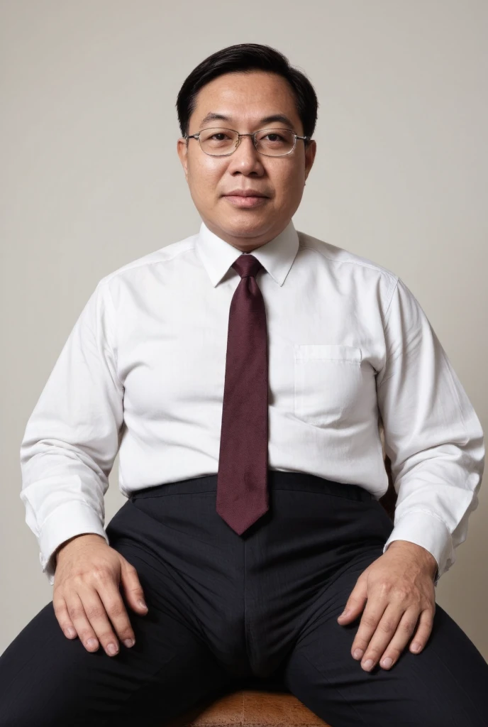 raw 4k photo, ultra realistic, hyper realistic, masterpiece, full view, a japanese 70 years old, horny face, medium build, dark thinning hair, facing straight at viewer, well lighting, sitting, looking straight at camera, wearing white shirt and tie, a hugging tight black working trousers, belt, natural small bulge, detailed bulge, bulge with testicles print outline, left hand touch bulge,wearing silver metal frame glasses,