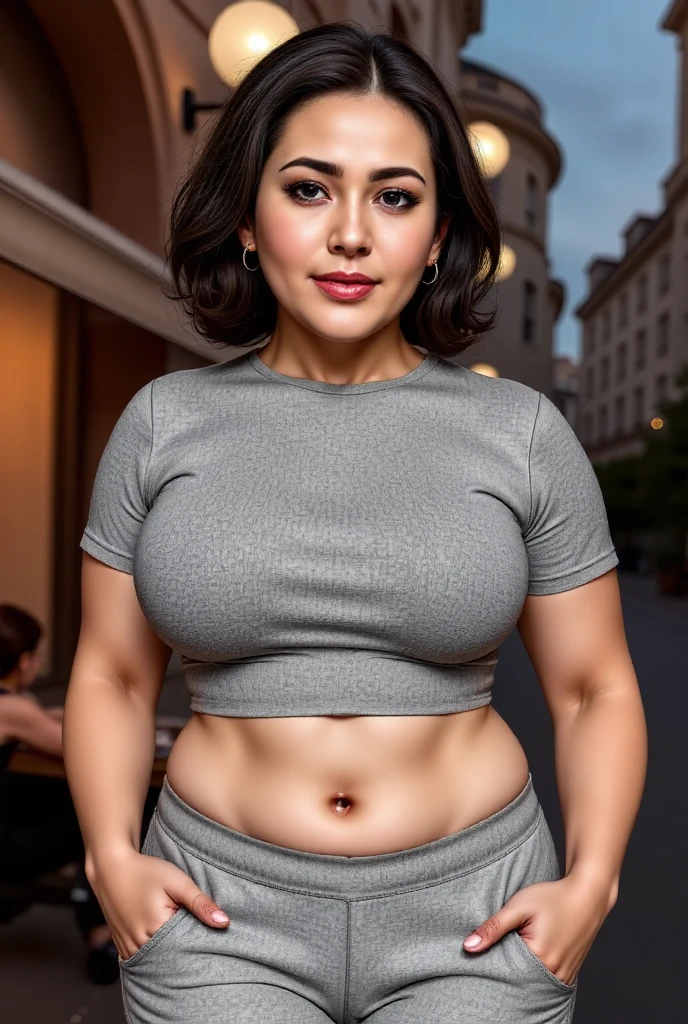 (room),,evening（Best Quality,8K,Raw photo,Realistic,High resolution:1.2),(erotic curvy japanese milf）(gigantic huge breasts),(gray t-shirt),tight pants,look horny,,(emphasize huge breasts),((embarrassed)),upper body ,(tight fit),,((moans erotically)),looking this,gigantic breasts close-up,bob hair,,sexy grinning,