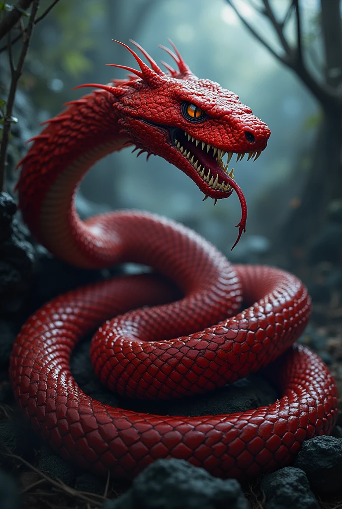 Red Angry snake with big teeth