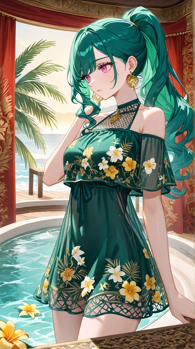 a woman with long wavy dark teal green hair, pink eyes, latin yellow white flower pattern summer mesh outfit, gold earings, palm, (((alone))), red green tapestry, latin room, jacuzzi at beach, ponytail, 