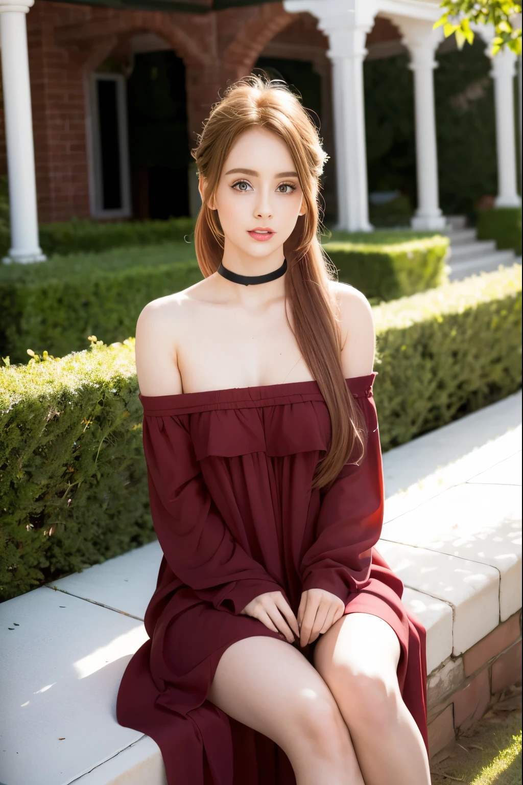 １     Girls with Light Makeup    、（ Maroon hair in the garden 、  She has long hair wrapped vertically    ）、Wooden ruins at night    、（ black off-shoulder dress、   black choker）、    white skin so she can get out     、     she's perfect no matter where you look 、・・・２２  Year-old female college student  、Crimson lips、、(( Brown Skin))、