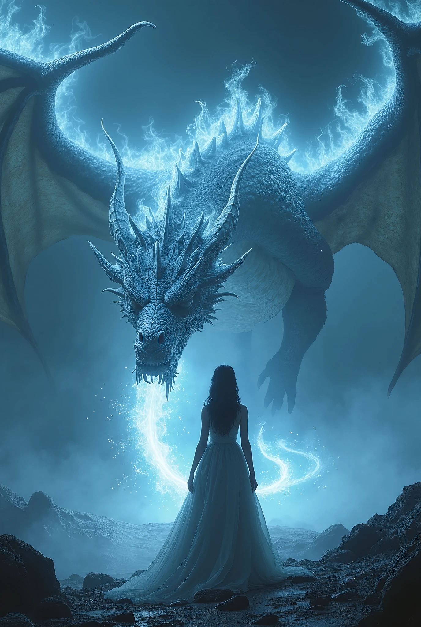 a gigantic ghostly dragon breathing icy fire, a beautiful woman in the style of Game of Thrones, shoulders looking at the camera, fantasy, dark, dramatic lighting, highly detailed, cinematic, 8k, photorealistic