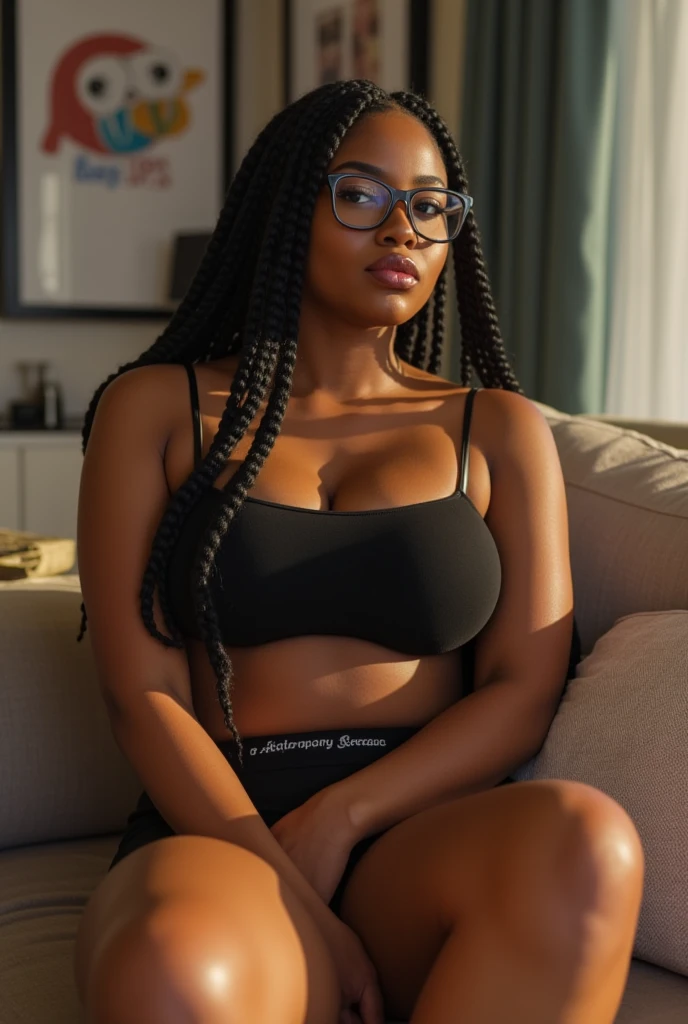 Photo of a gorgeous busty young black woman sitting on the couch. She is wearing gym shorts and a tank top. She has a slim waist and thick thighs. She is wearing thick glasses. She has big kissable lips. She is stunningly attractive. Smug look on her gorgeous face. She is in an apartment. She has long braided hair. Best resolution photo. Natural lighting. Highly detailed.
