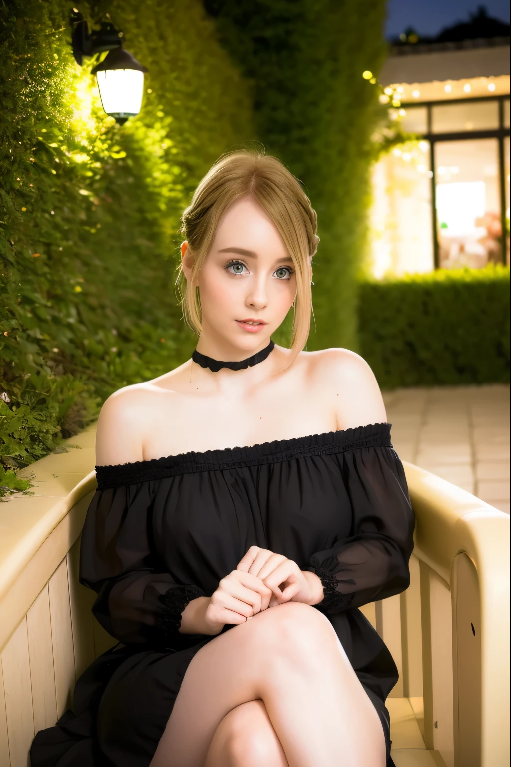 １   Girls with Light Makeup  、（ blonde hair ）、Night Garden 、（ black off-shoulder dress、  black choker）、  white skin so you can get out   、  Daughter of an aristocrat、２２ Year-old female college student 、Crimson lips、blush、((  Very Shorthair))、