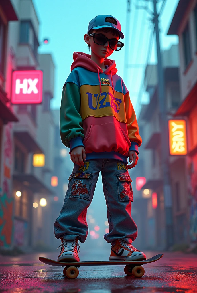 white, totally white, pastel colors, hachures, chibi style, 1 cute little baby boy with techwear clothes, street, cyberpunk