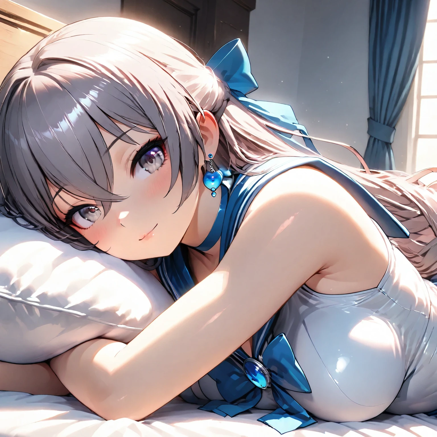 Masterpiece, high resolution, Best Quality, Detail, UHD, Super Detailed, Textured Skin, retina, 3d rendering, 4k, delicate, dynamic, bronya, sailor mercury cosplay, lying on bed, head on pillow, cute, lovely, adorable, aroused, 