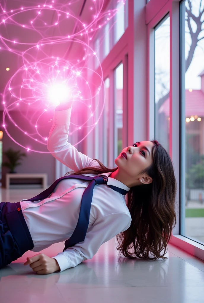 Sexy beautiful Japanese woman, self-defense officer uniform, white shirt, long sleeves, navy blue tie, navy blue pencil skirt, beautiful hip line, sexy Black patent high heels, She is lying on her side, Numerous very small pink glowing cubes are spiraling and gathering in front of her face, She stares at the light and becomes hypnotized, sensual, enraptured, Lobby of glass-walled building with daylight, low angle, brown hair, long hair, parted lips, sideways, dutch angle, Surrealism, UHD, retina, masterpiece, accurate, anatomically correct, textured skin, super detail, high details, high quality, best quality, highres, 1080P, HD, 4K, 8k, 16k