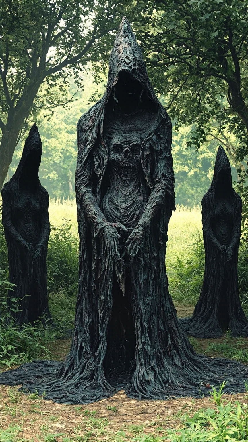 best composition, Cursed Statue in the Deep Forest, unsettling, ominous, surrealistic, elaborate details