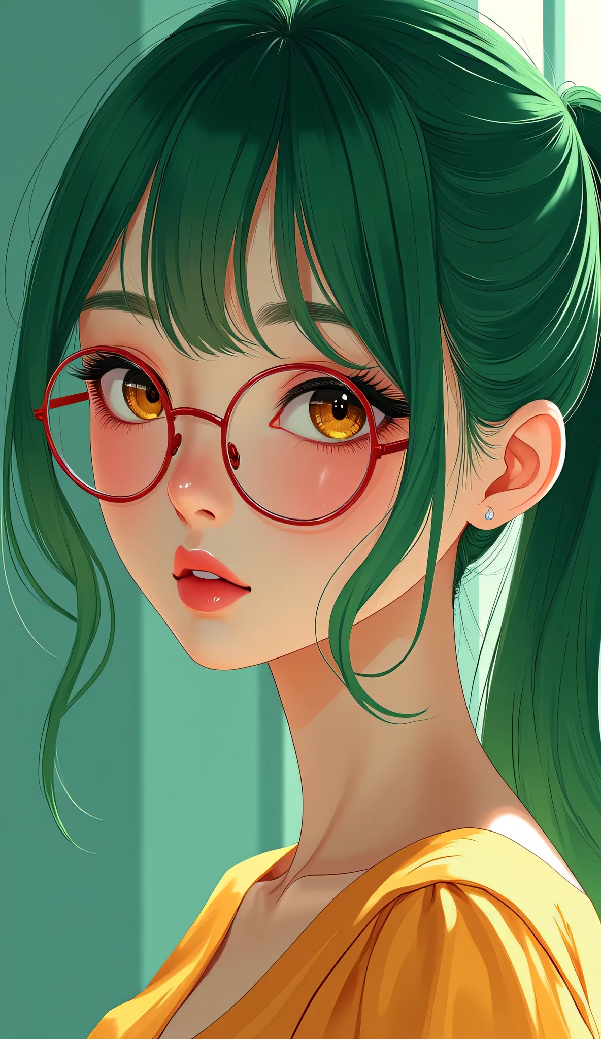 1 japanese girl, elegant erotic beautiful girl, ((long green hair with pony tail and straight bangs)), detailed face portrait, (glasses), maxi dress, adultery, indecent, vulgar, (best quality,4k,8k,highres,masterpiece:1.2),ultra-detailed,(realistic,photorealistic,photo-realistic:1.37),intricate details, delicate facial features, beautiful amber eyes, ulzzang, long eyelashes, small nose, full lips, porcelain skin, natural lighting, warm color palette, chiaroscuro lighting, dramatic shadows, sensual, alluring, mature themes, artistic, dreamlike, ethereal, sideboob, cleavage, looking at viewer, ulzzang, (amber eyes), (close up face portrait), big breasts, Kizi,(eyes looking off to side), Highly detailed, Amazing work,Vitreous luster, blues, yellows, Best quality at best,shiny skin, no background, colorful background, green background, pink background, gold, background, plunging neckline, sexy pose, dynamic pose, heavy blushing, huge breasts, cleavage, full body, thigh highs,