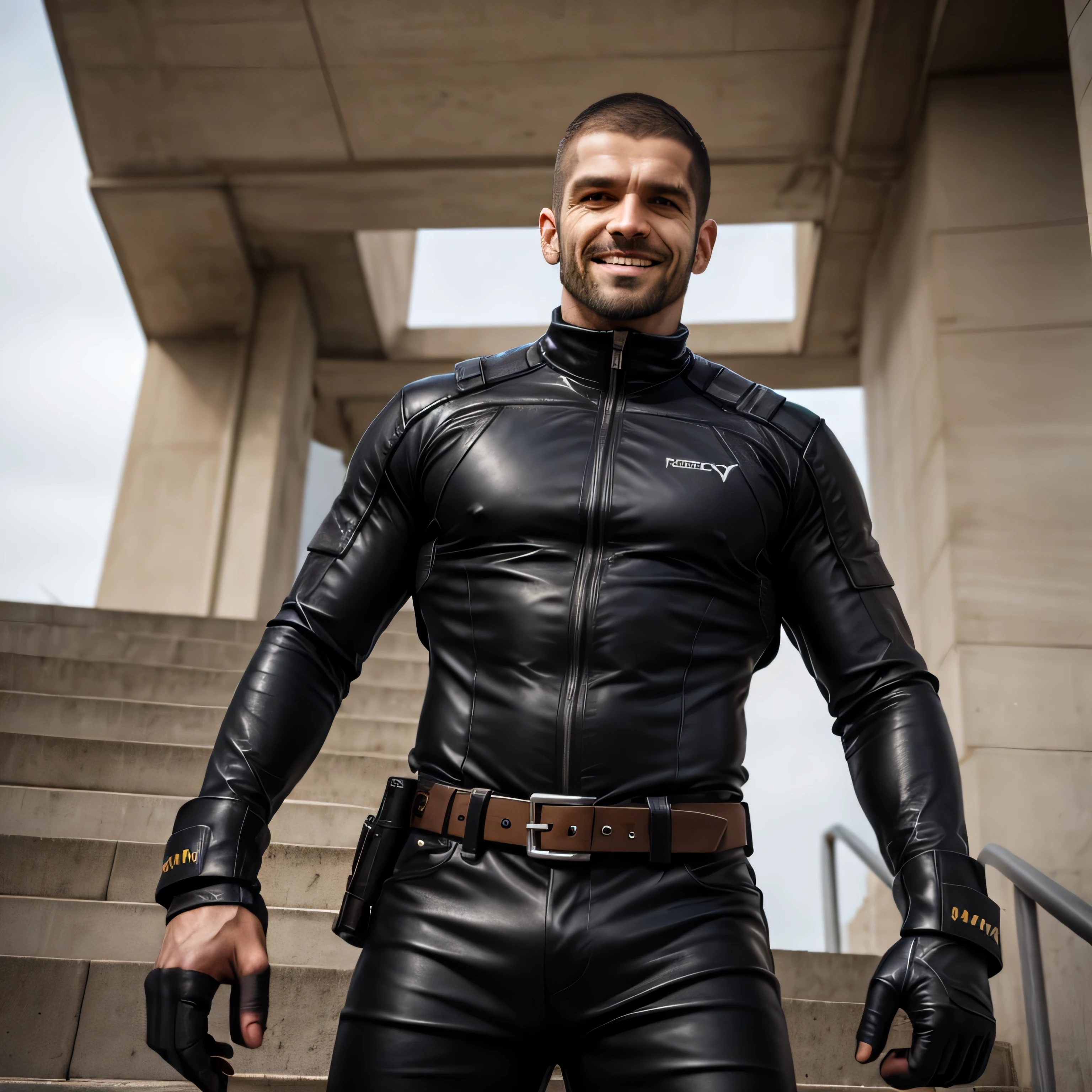 Age 35, One Man,、 black bodysuit 、Shocker Belt、 black gloves、 with a pistol on your waist、In combat、outside、 on concrete、logic, , black hair、Short Hair。 very short hair 、 handsome fighter Handsome faces of Turks Sniper、Prey-Aiming Posture 、 Seen From Below。 upper body up Black leather pants pants chuck Combatant Ascending stairs Smile