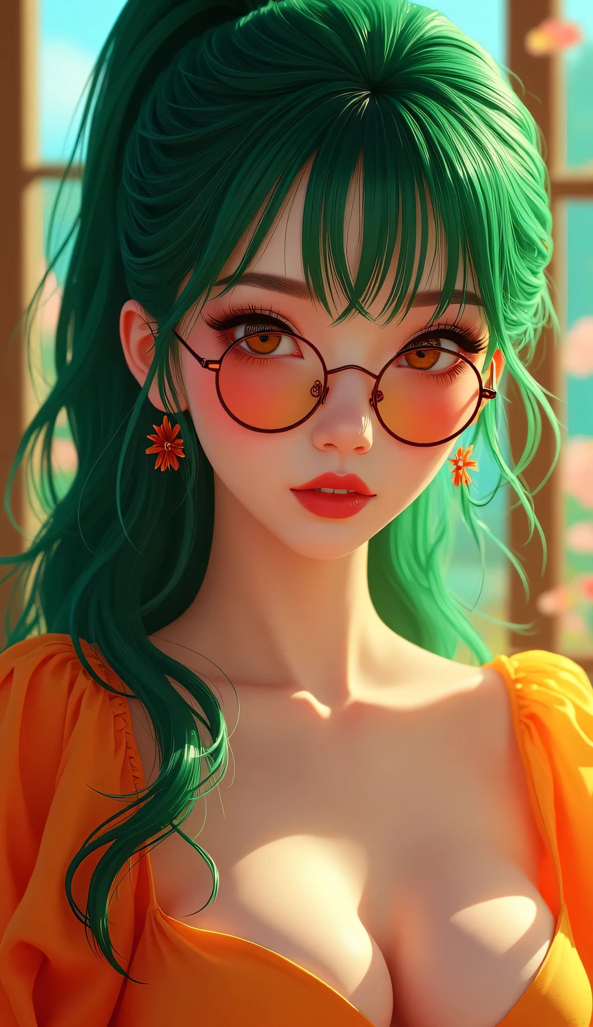 1 japanese girl, elegant erotic beautiful girl, ((long green hair with pony tail and straight bangs)), detailed face portrait, (glasses), maxi dress, adultery, indecent, vulgar, (best quality,4k,8k,highres,masterpiece:1.2),ultra-detailed,(realistic,photorealistic,photo-realistic:1.37),intricate details, delicate facial features, beautiful amber eyes, ulzzang, long eyelashes, small nose, full lips, porcelain skin, natural lighting, warm color palette, chiaroscuro lighting, dramatic shadows, sensual, alluring, mature themes, artistic, dreamlike, ethereal, sideboob, cleavage, looking at viewer, ulzzang, (amber eyes), (close up face portrait), big breasts, Kizi,(eyes looking off to side), Highly detailed, Amazing work,Vitreous luster, blues, yellows, Best quality at best,shiny skin, no background, colorful background, green background, pink background, gold, background, plunging neckline, sexy pose, dynamic pose, heavy blushing, huge breasts, cleavage, full body, thigh highs,