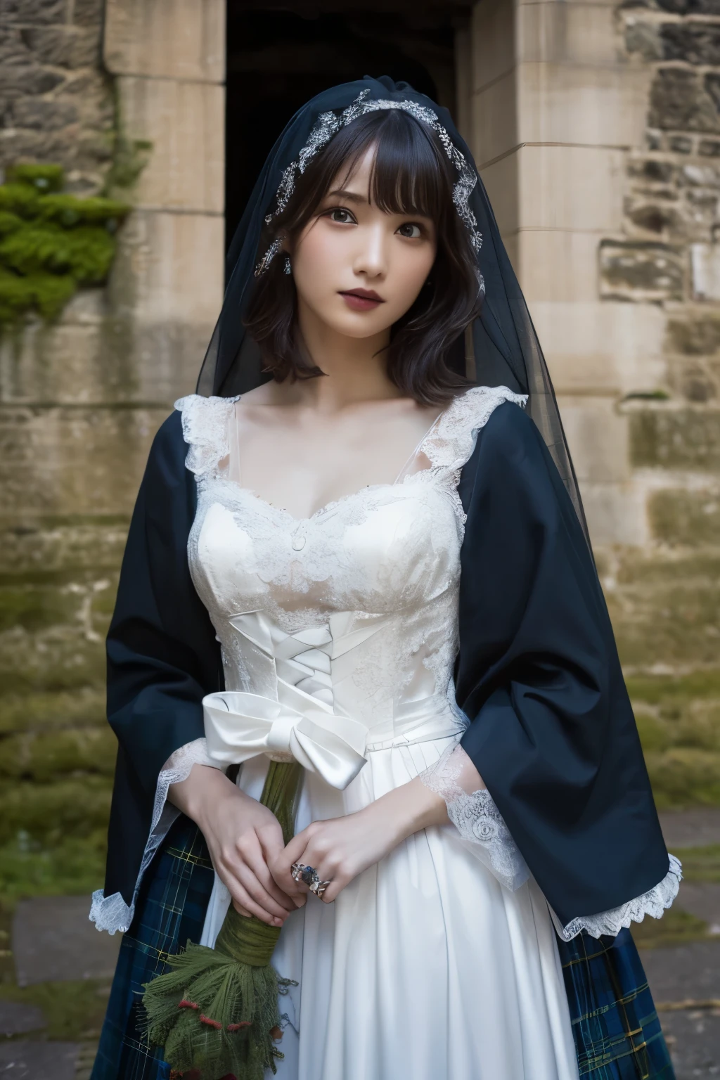  1 girl, ( wearing a gothic wedding dress :1.2), (Veil),  Portrait of a very beautiful Japanese idol standing in an old Scottish castle,
( RAW photos,  best quality ), ( realistic,  realistic:1.4), (masterpiece), 
 so delicate and beautiful,  very detailed, 2k wallpaper,  amazing on the beach, finely,  very detailed CG Unity 8K wallpaper,  very detailed,  High Resolution , Soft light, 
 girl with beautiful details wearing a navy blue blouse,  very detailed目と顔,  beautiful and sophisticated nose ,  beautiful beautiful eyes under the sun,  movie lighting, 
(Standing in an old Scottish castle:1.3), ( overcast, monotone dark screen standing in an old Scottish castle :1.3), (Thick Fog),
(Short hair), Perfect Anatomy,  slender body, ( small breasts), whole body