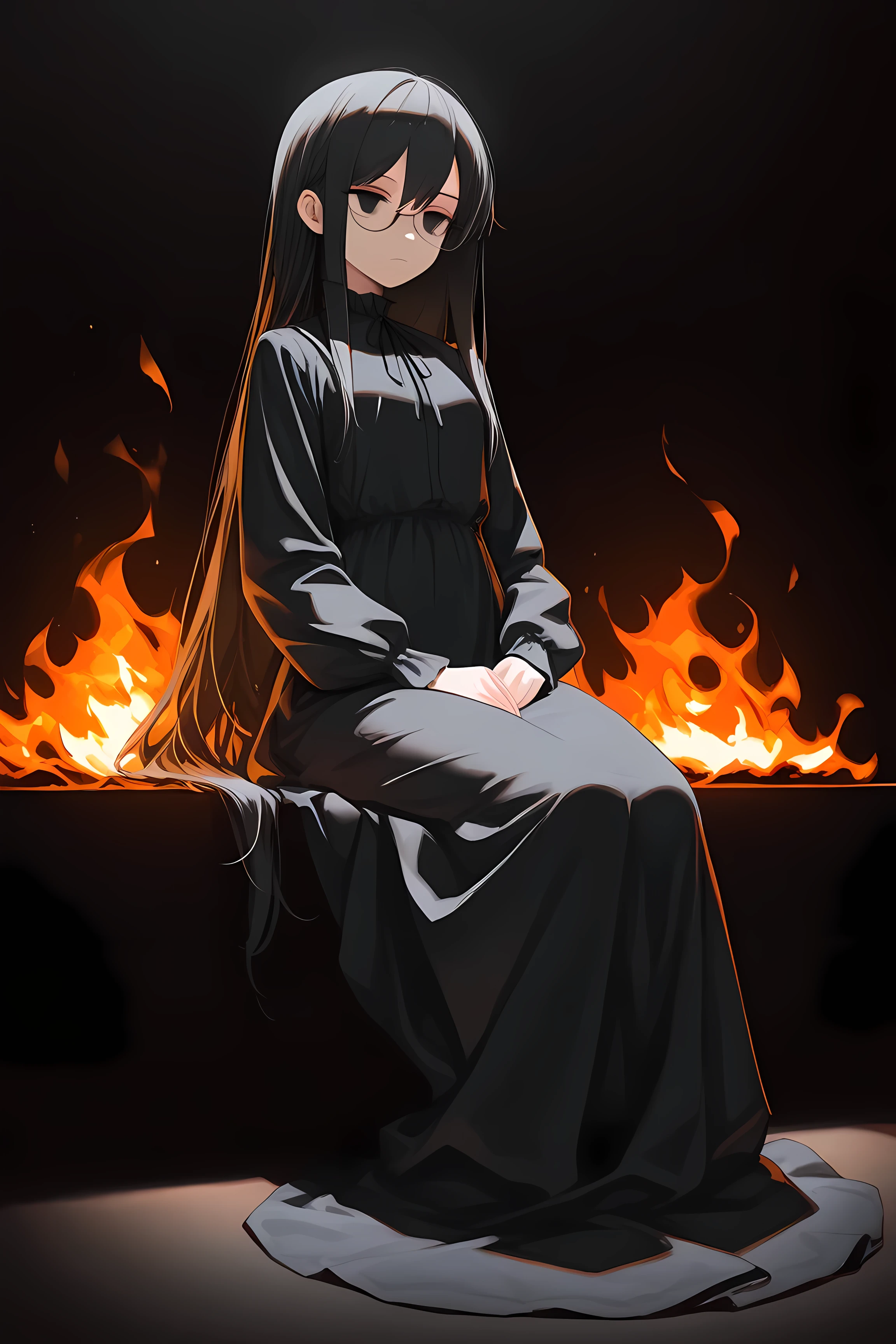 (masterpiece), (ultra-detailed), (best quality), (clear focus), (ultra-high resolution), (8k), perfect anatomy, perfect face, pretty body, long dress solo, detailed face, detailed eye, loneliness, puffy, nerdy, glasses, long haired girl, (sitting on the fire in the black room), (expressionless:1.6), (extremely detailed), full body, polite