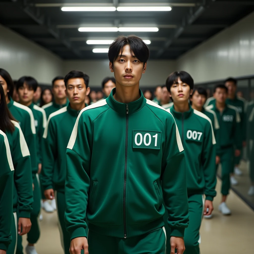 25 year old man, short black hair,   The green sports jacket has a white stripe on the sleeves and a green box embroidered with numbers. "001"   with white on the sides  .  green pants .   sports shirt has a zipper on the long part and two pockets on the sides.  .  เสื้อผ้าเหมือนในmoviesเกมปลาหมึก .   have a serious look on their faces and look directly at the camera  . He poses walking  ,  . The background of the hall with three long lights on the roof shines. Bright  .   and ten people with original clothes walking behind  . movies