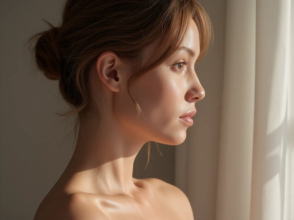 (8k、RAWE Photo、Highest quality、masterpiece:1.2)、(Real、Photorealistic:1.37)、Super detailed、Ultra-high resolution、1 girl、Beautiful detailed face、(Feather Cut: 0.6)、Professional Lighting、The lighting is bright、actresodel、naked、whole body姿、Wide-angle shot、Daytime、bright、 simple background ,Simple Background、full body ,40-year-old woman、From the side、Sideways shot、Mature Woman、American、Blonde、profile、Stand up straight、whole body、Down to the feet、