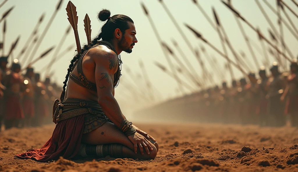 Captured from distance, evening time, character from Mahabharata, post war scene, warrior named Bheema, muscular holding huge mallet, backlight, foggy and burning ruins, 