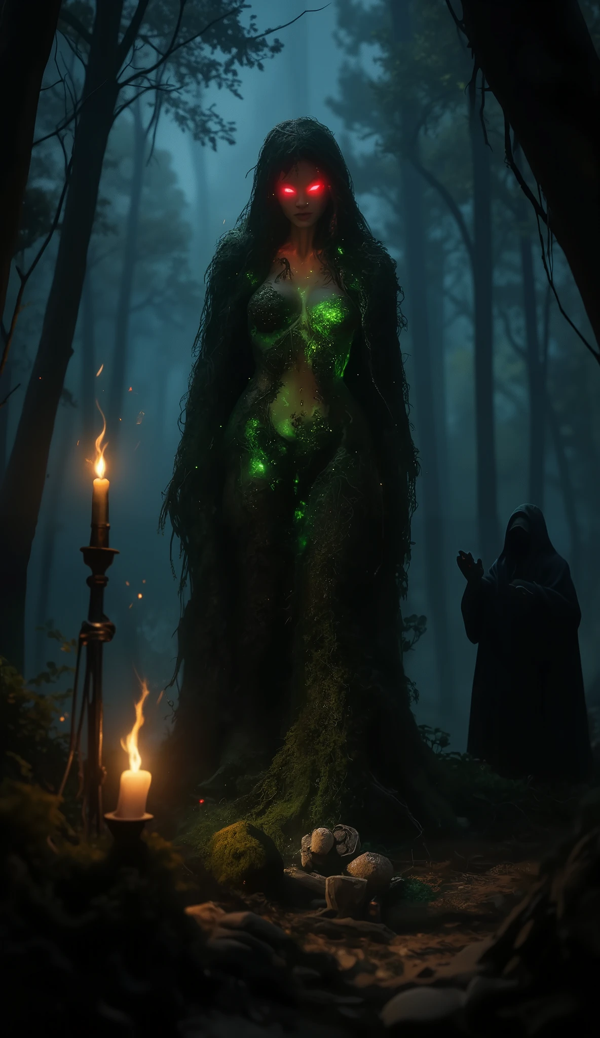 A cursed statue expressing sexual desire and lust deep in the forest, its eyes emitting a lustful red light, the entire statue is covered in moss and large trees, the statue is the only light shining on it in the dim forest, a terrifying aura emanates from the statue, suspicious offerings have been made, a flame is lit in a suspicious candlestick, the silhouette of a mysterious witch in a black robe from behind with her hands raised to the sky in prayer