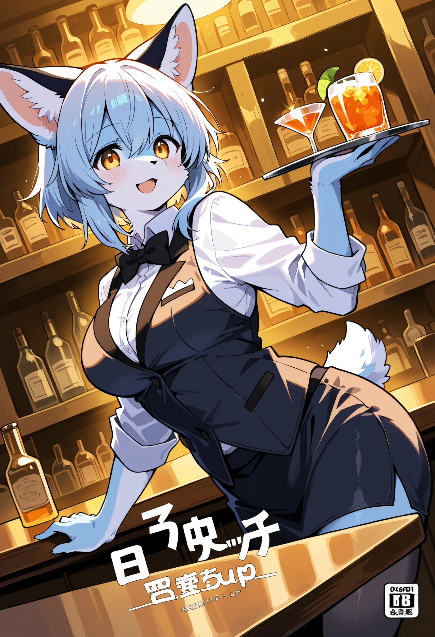 cover page, highres, top quality, best quality, paid reward available, unparalleled masterpiece, perfect artwork, absurdres, High-quality illustrations, super high resolution, detailed background, scenery, bar counter, depth of field((blurry background))volumetric lighting(highly detailed beautiful face and eyes)absurdres, perfect anatomy(angelic cute 1girl, kemono, bunny girl, bunny suit, large breasts, Polori, Lower breasts, Show off, Cleavage)(One breast visible, Milk protruding, Half-undressed, Bra flipping)(furry)(furry anthro:1.7)(Furry body, rabbit facial features, rabbit body features)(rabbit ear, very detailed body fur)holding cocktail glass, emphasizes the chest, Pouring a cocktail onto the Cleavage, smile, Embarrassing, erotic, looking at view, upper body(highly detailed beautiful face and eyes),