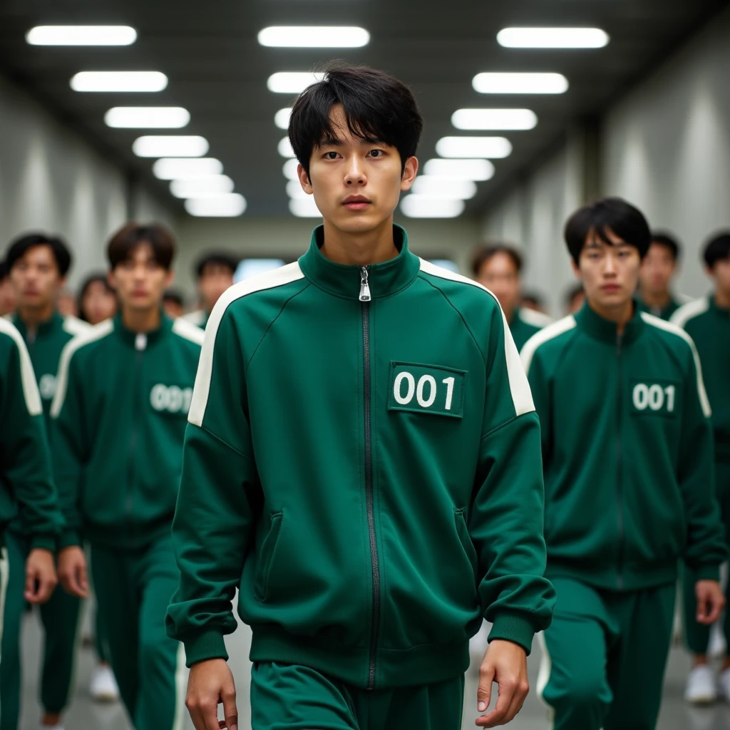 25 year old man, short black hair,   The green sports jacket has a white stripe on the sleeves and a green box embroidered with numbers. "001"   with white on the sides  .  green pants .   sports shirt has a zipper on the long part and two pockets on the sides.  .  เสื้อผ้าเหมือนในmoviesเกมปลาหมึก .   have a serious look on their faces and look directly at the camera  . He poses walking  ,  . The background of the hall with three long lights on the roof shines. Bright  .   and ten people with original clothes walking behind  . movies