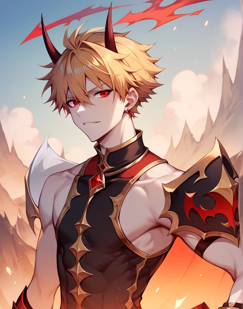 Bra Top, blonde guy, jewely, Ring, Blonde hair, Solo, Red heart symbol, Red Eyes, Looking at the viewer, Red Nails, Short hair, Undercut, A smile, One Boy, Open mouth, Male Focus, Jersey pants, Navel, Choker, off shoulders、Red heart earrings、The mowed part is black