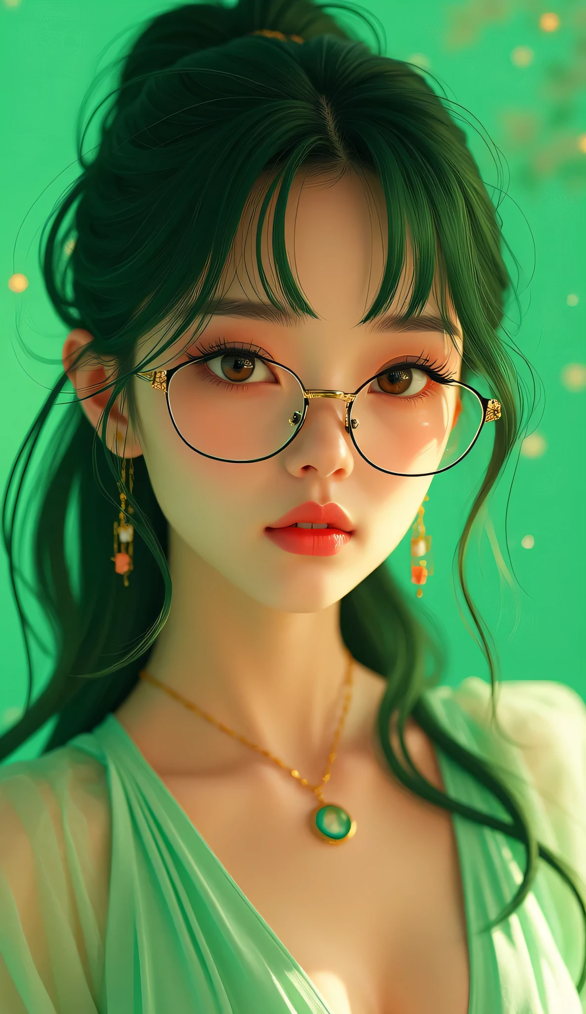 1 japanese girl, elegant erotic beautiful girl, ((long green hair with pony tail and straight bangs)), detailed face portrait, (glasses), maxi dress, adultery, indecent, vulgar, (best quality,4k,8k,highres,masterpiece:1.2),ultra-detailed,(realistic,photorealistic,photo-realistic:1.37),intricate details, delicate facial features, beautiful amber eyes, ulzzang, long eyelashes, small nose, full lips, porcelain skin, natural lighting, warm color palette, chiaroscuro lighting, dramatic shadows, sensual, alluring, mature themes, artistic, dreamlike, ethereal, sideboob, cleavage, looking at viewer, ulzzang, (amber eyes), (close up face portrait), big breasts, Kizi,(eyes looking off to side), Highly detailed, Amazing work,Vitreous luster, blues, yellows, Best quality at best,shiny skin, no background, colorful background, green background, pink background, gold, background, plunging neckline, sexy pose, dynamic pose, heavy blushing, huge breasts, cleavage, thigh highs,