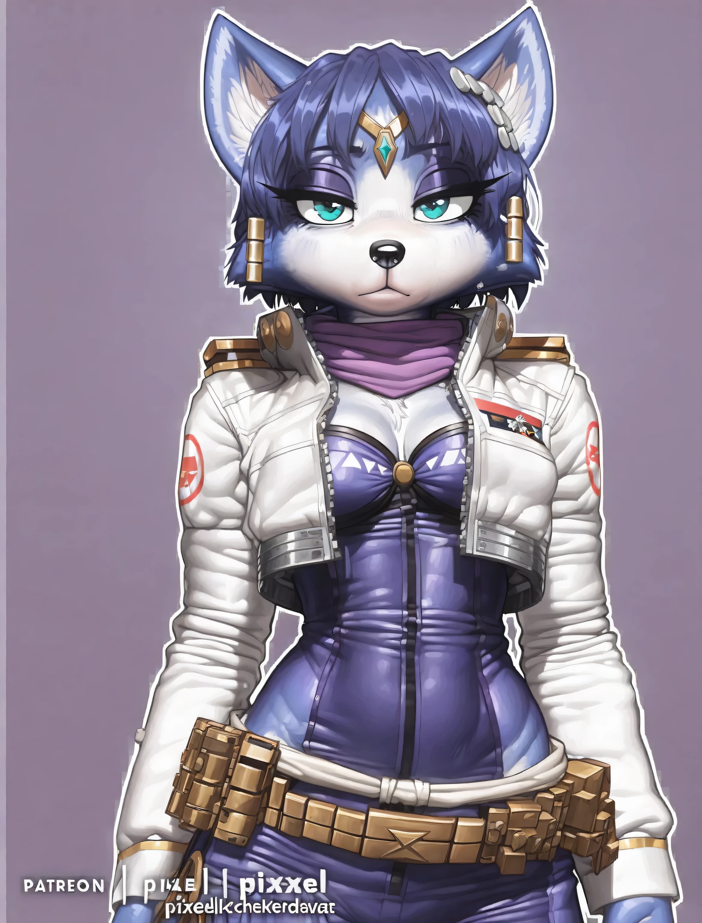 ((Krystal)), ((Starfox)), ((pixelsketcher)), ((wamudraws)), ((masterpiece)), ((high resolution)), ((cartoon style)), ((solo portrait)) {(attractive figure), (toned body), (slim waist), (hip dips), (blue fur), (black nose), (pointed fox ears), (blue hair), (hair accessories), (turquoise eyes), (half lidded eyes), (indigo eyeshadow), (long eyelashes), (calm look)}, {(navy blue jumpsuit), (white jacket with star fox logo), (navy blue pants), (purple scarf), (utility belt)}, {(looking at viewer)}, ((military base))