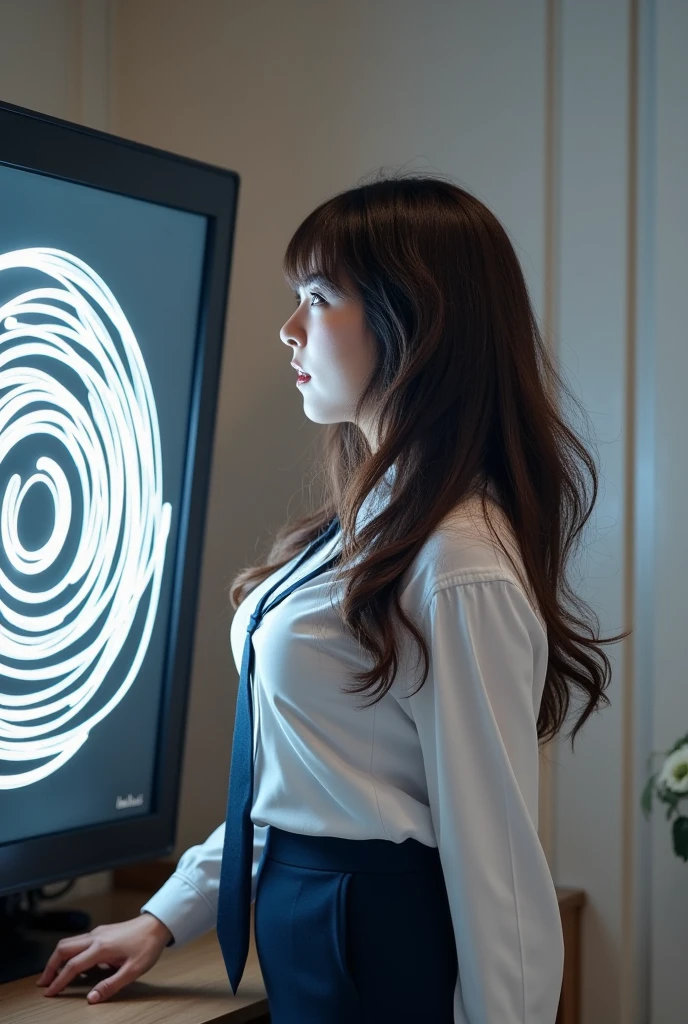 sexy Japanese woman, self-defense officer, uniform, navy blue tie, white shirt, Long Sleeve, navy blue pencil skirt, bangs, Brown Hair, long hair, She is standing leaning forward, her right hand on the desk, looking at the computer screen as if peering into it, a white spiral light is displayed on the screen, she is staring at the screen, fascinated by the spiral light, deeply hypnotized, half-open mouth, Office room with lights on, from feet to head, UHD, retina, masterpiece, accurate, anatomically correct, textured skin, super detail, high details, high quality, best quality, highres, 1080P, HD, 4K, 8k, 16K