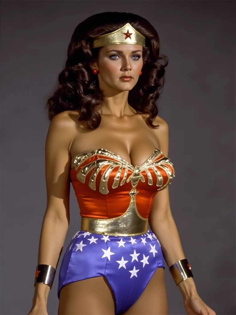 Lynda Carter as nsfw Wonder Woman, sexy photoshoot in a blank dark gray background, full body photo, standing side view very sexy seductive posing, she's lifting her ass up thin body with amazing breasts, and arms forward, undressing for the camera, ((( with eyes opened, mouth open, glossy lips )))，with a desperate sexy expression, 