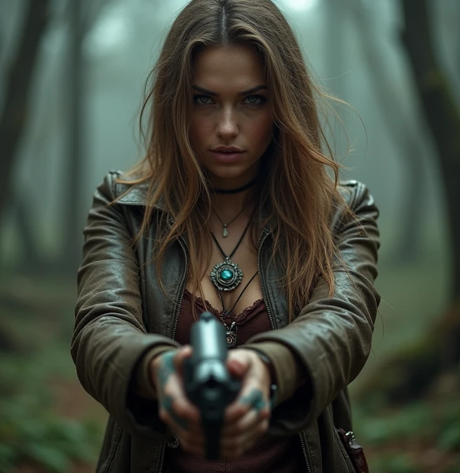 Create a hunter, with some tattoos on the hand related to the huntress, a leather jacket and long, light brown hair, a necklace that wards off the devil and a pistol in hand front image