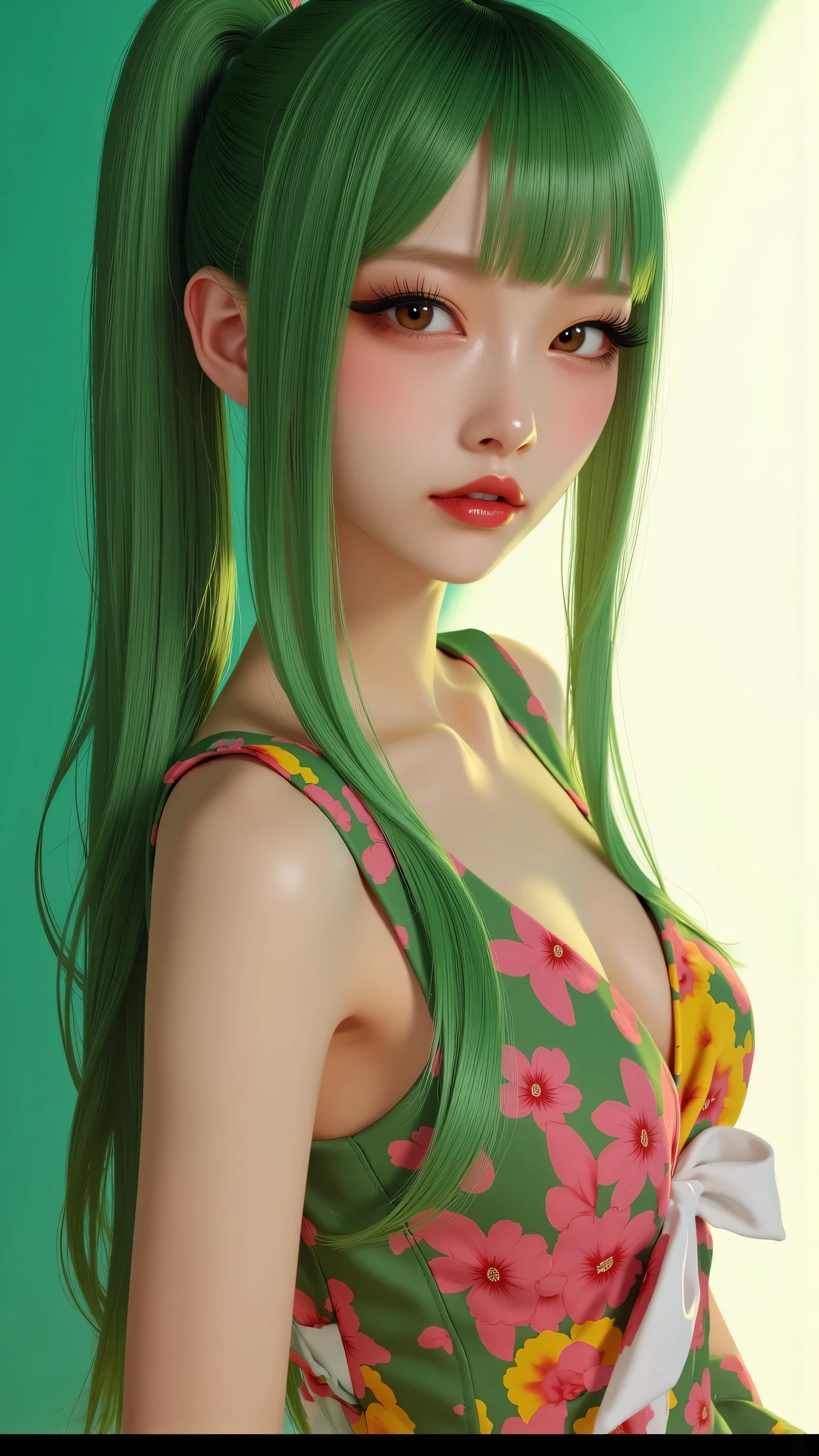 1 japanese girl, elegant erotic beautiful girl, ((long green hair with pony tail and straight bangs)), detailed face portrait, (glasses), maxi dress, adultery, indecent, vulgar, (best quality,4k,8k,highres,masterpiece:1.2),ultra-detailed,(realistic,photorealistic,photo-realistic:1.37),intricate details, delicate facial features, beautiful amber eyes, ulzzang, long eyelashes, small nose, full lips, porcelain skin, natural lighting, warm color palette, chiaroscuro lighting, dramatic shadows, sensual, alluring, mature themes, artistic, dreamlike, ethereal, sideboob, cleavage, looking at viewer, ulzzang, (amber eyes), (close up face portrait), big breasts, Kizi,(eyes looking off to side), Highly detailed, Amazing work,Vitreous luster, blues, yellows, Best quality at best,shiny skin, no background, colorful background, green background, pink background, gold, background, plunging neckline, sexy pose, dynamic pose, heavy blushing, huge breasts, cleavage, thigh highs,