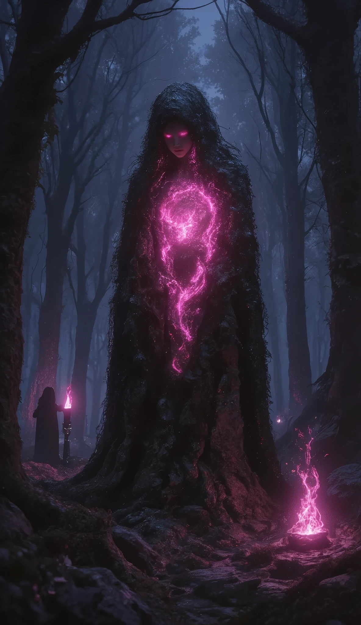 A cursed statue representing sexual desire and lust deep in the forest, , The eyes are emitting a lustful red light, The entire statue is covered in moss and large trees, The statue is the only light shining on it in the dim forest, A terrifying pink aura emanates from the statue, It is engulfed in a mysterious pink flame, A mysterious offering has been made, A flame is lit in a mysterious candlestick, The silhouette of a mysterious witch in a black robe from behind with her hands raised to the sky in prayer