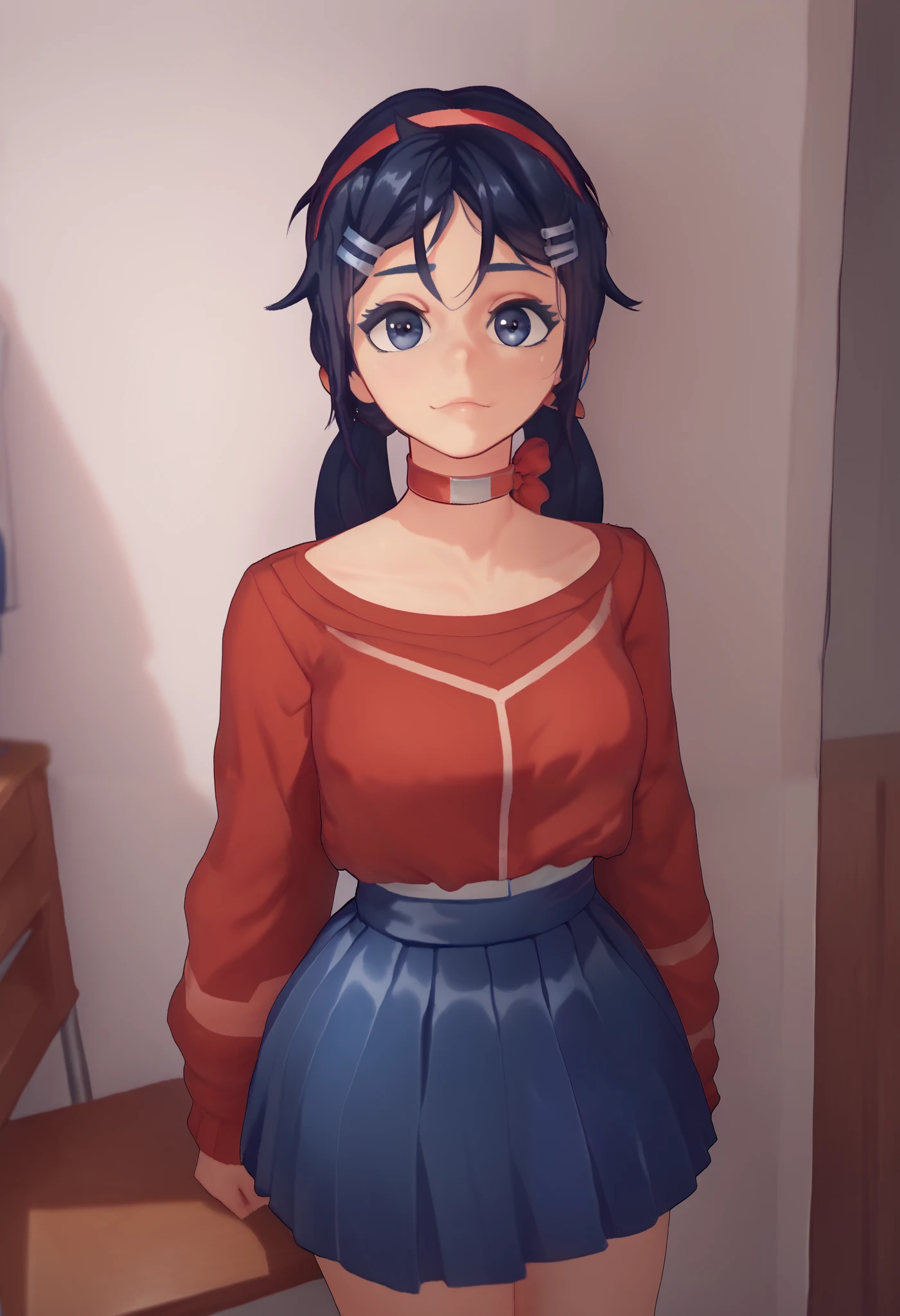 Krekkov style, dark blue eyes, dark blue hair, braids hair, red hairband, choker, red sweater, blue skirt, hair ornament