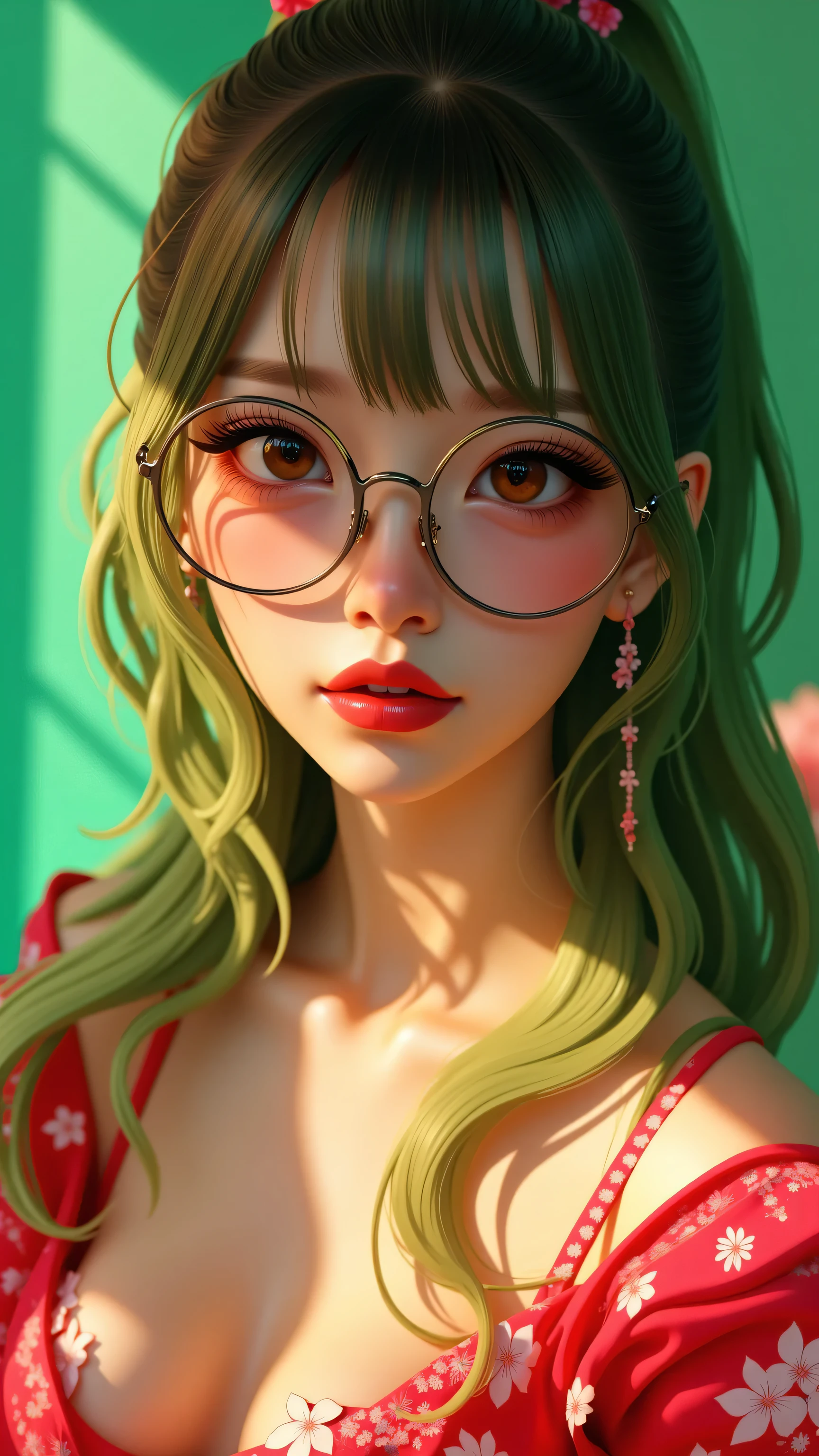 1 japanese girl, elegant erotic beautiful girl, ((long green hair with pony tail and straight bangs)), detailed face portrait, (glasses), maxi dress, adultery, indecent, vulgar, (best quality,4k,8k,highres,masterpiece:1.2),ultra-detailed,(realistic,photorealistic,photo-realistic:1.37),intricate details, delicate facial features, beautiful amber eyes, ulzzang, long eyelashes, small nose, full lips, porcelain skin, natural lighting, warm color palette, chiaroscuro lighting, dramatic shadows, sensual, alluring, mature themes, artistic, dreamlike, ethereal, sideboob, cleavage, looking at viewer, ulzzang, (amber eyes), (close up face portrait), big breasts, Kizi,(eyes looking off to side), Highly detailed, Amazing work,Vitreous luster, blues, yellows, Best quality at best,shiny skin, no background, colorful background, green background, pink background, gold, background, plunging neckline, sexy pose, dynamic pose, heavy blushing, huge breasts, cleavage, thigh highs,