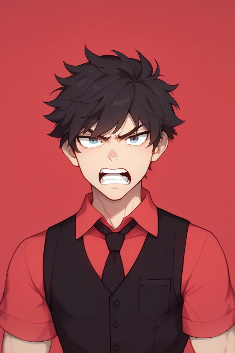 Short haired boy,  wavy black hair with red tips , Ojos rojos, Ojos rojos, Ojos rojos, wearing a long red shirt with a black tie,  and wearing a black vest over ,  black gloves, Facing the spectator,  arms at the sides, looking angrily, screaming and looking at the spectator, very angry,  Red background . 