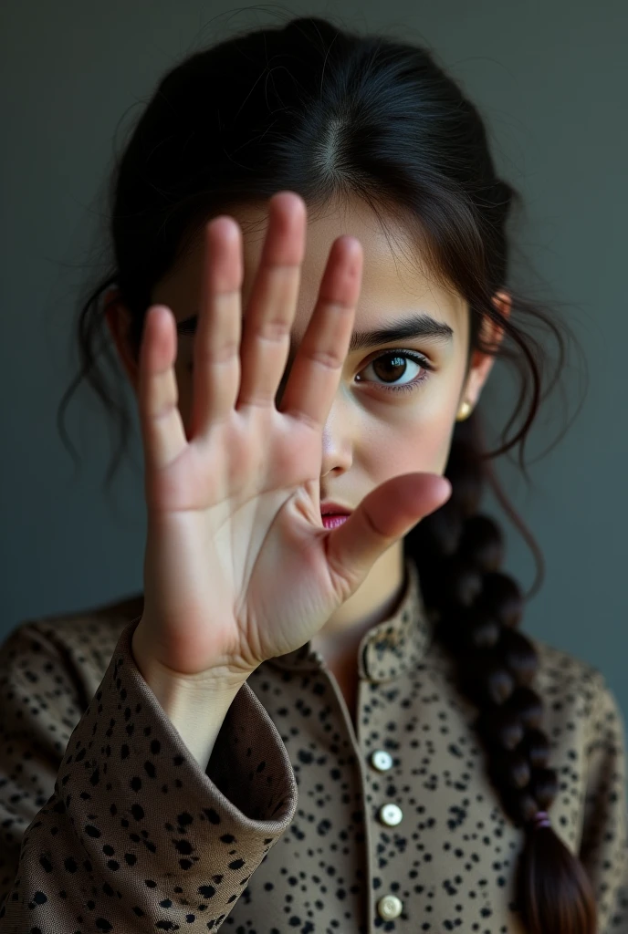 A kid playing a woman standing putting her two fingers on her head touching her head and hair from both hands with the other fingers extended straight upwards.