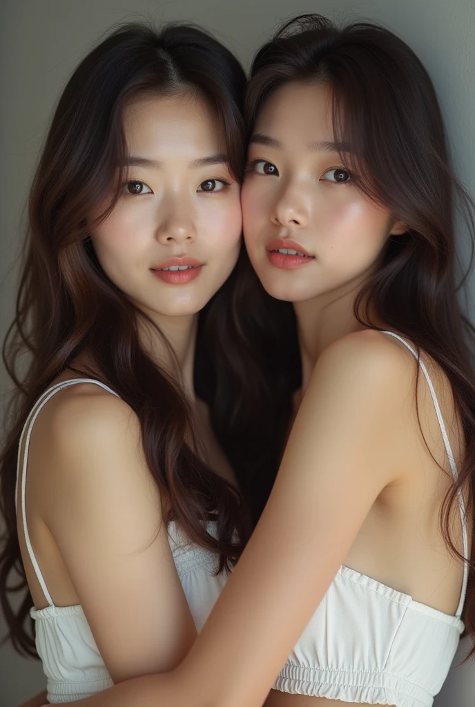 Highest quality,Ultra-high resolution, (Realistic:1.4), RAW Photos, 32K Portrait, Very detailed, Two Girls、Two Girls、Leaning forward、Backhug、Hug me from behind、Rubbing breasts from behind、Huge breasts、Cleavage、The two look at each other.、On all fours、On all foursになって、Super large 、Off-the-shoulder knit