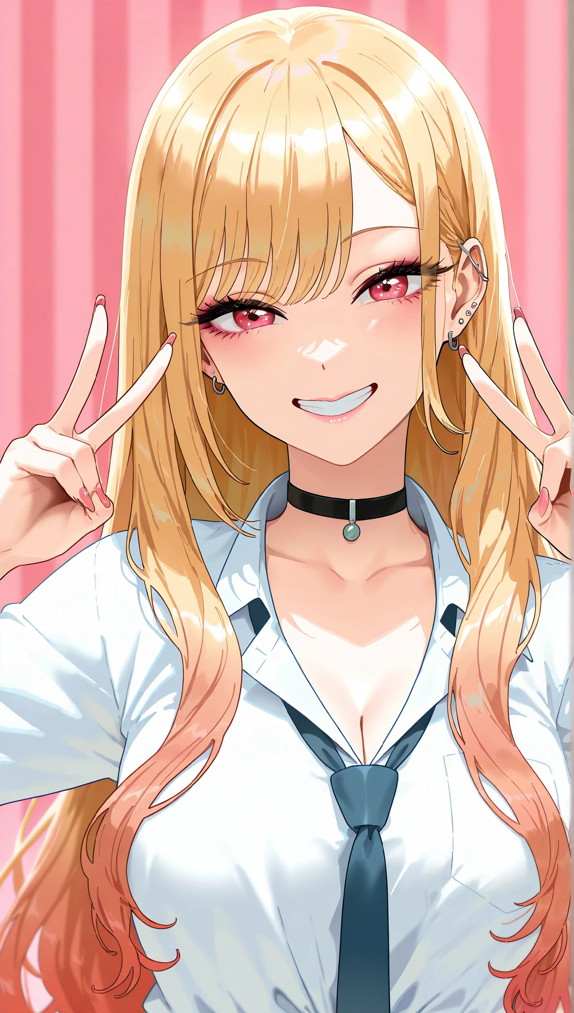 score_9, score_8_up, score_7_up, intricate details,
1girl, kitagawa marin, sono bisque doll wa koi wo suru, blonde hair, slight wavy hair, red eyes, ear piercing, barbell piercing, black choker, collared shirt, white shirt, earrings, blue necktie, grin, double v gesture