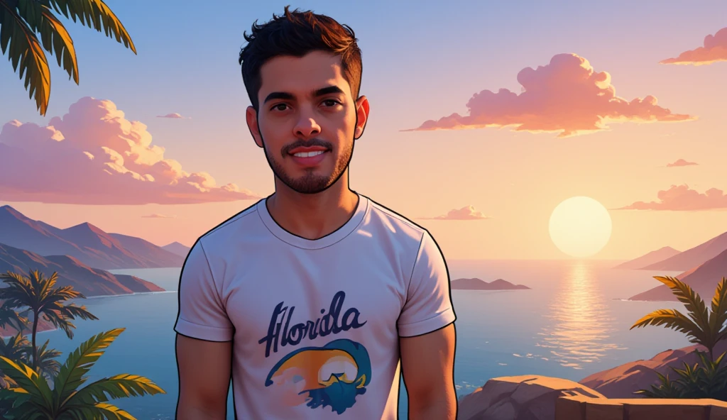  Illustration of a man with a discreet smile,  wearing GTA 5 style Florida t-shirt  ,  smiling happily at the camera ,  drawing in 3d art style  , C4D, GTA 5 style background landscape  ,  Super detailed illustration rendering , 8k