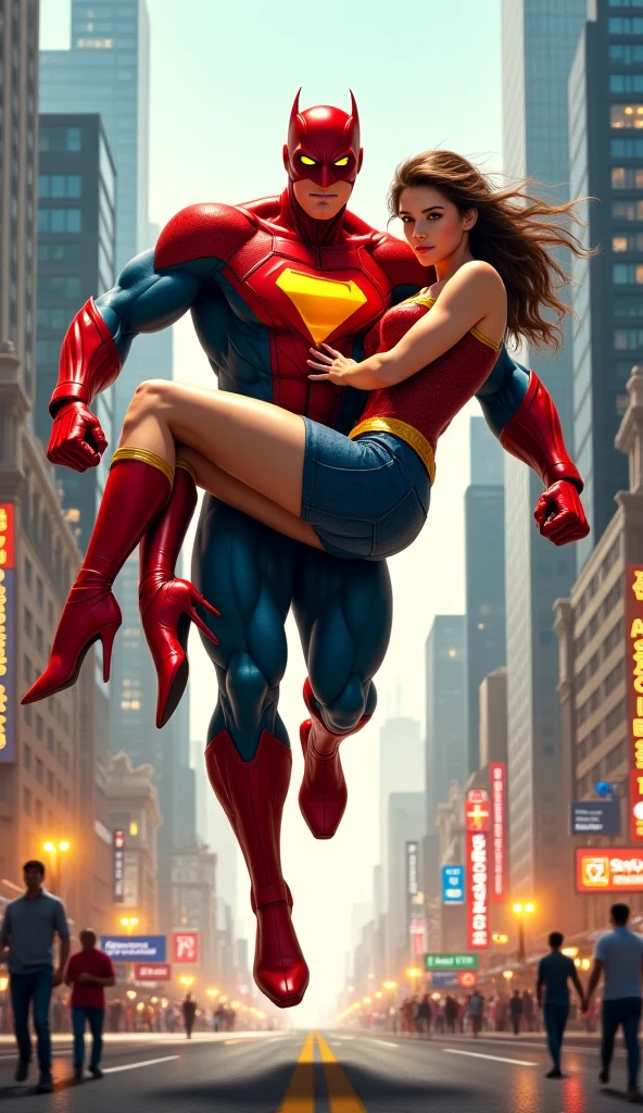 A hot girl big boom and big breast tall sexy woman sit on superman leg

